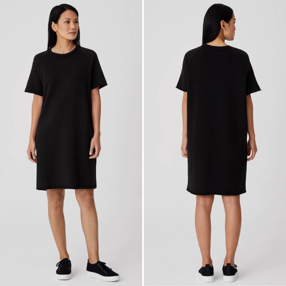 Eileen Fisher Organic Cotton French Terry Raw Edges Dress‎ Black Sz Small Petite